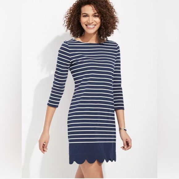 Vineyard Vines Navy and White Striped Knit Dress with Scalloped Hem Size XXS - Picture 1 of 6